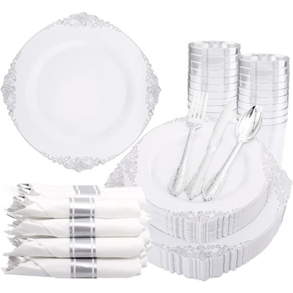 350PCS Silver Plastic Plates & Pre Rolled Napkins for 50Guests, 100Silver Plates